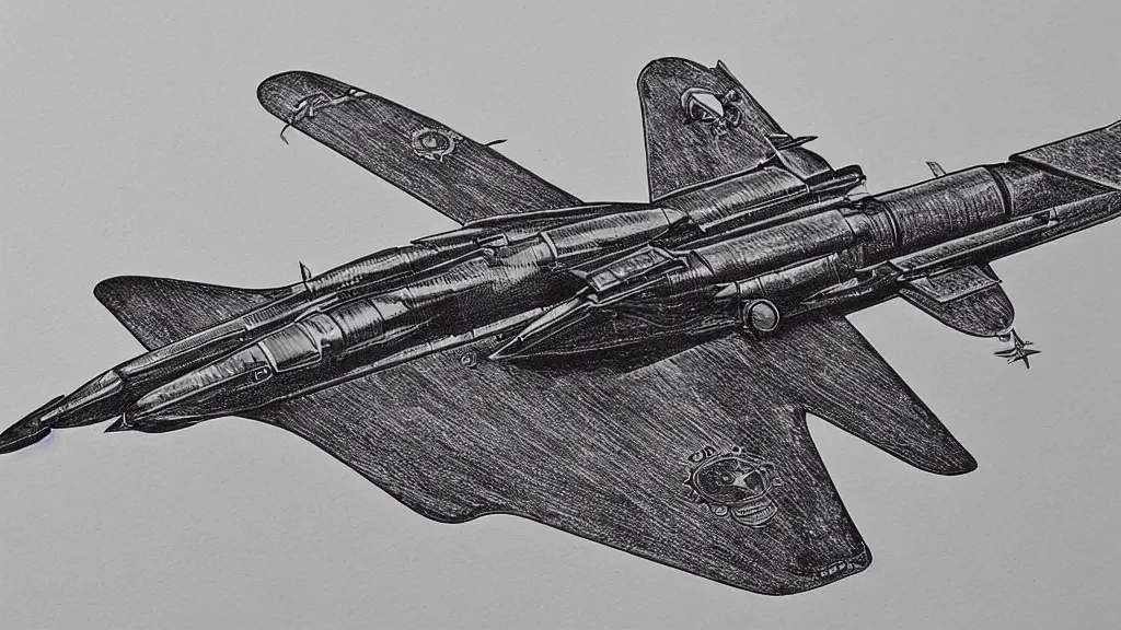 Image similar to engraving of steampunk fighter jet