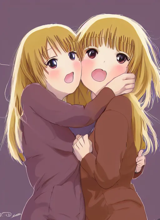 Image similar to highly detailed portrait of one blonde and one brown haired anime girl in onesies hugging each other looking at us, detailed eyes, happy, excited, digital art, cute, anime, detailed faces, well drawn faces, cute faces, hand drawn, 8 k, trending on artstation, official media, in the style of hayao miyazaki