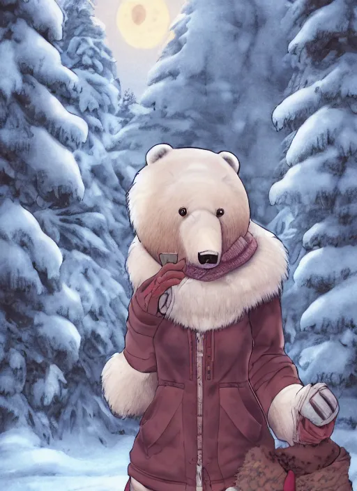 Image similar to character portrait of a female anthro polar bear fursona and a cute beautiful attractive detailed furry face wearing stylish cute winter clothes in a cozy winter cabin at dusk by firelight. hidari, color page, tankoban, 4K, tone mapping, Akihiko Yoshida.