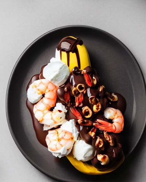 Image similar to dslr food photograph of an ice cream banana split with shrimps on top. chocolate sauce, shrimp, banana. 8 5 mm f 1. 4