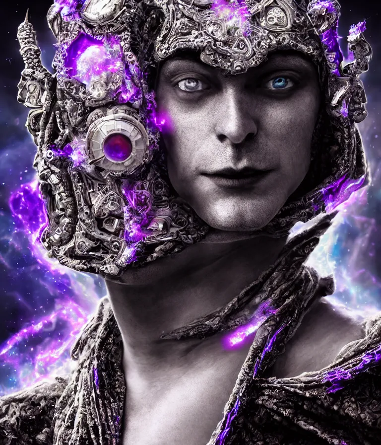 Prompt: impressive sublime front!! shot photo of a court jester character fine portrait fine portrait mesmerizing fractal hyper cubes platinum cracked dark future hyper dimensional space galactic crystal nebula edges elegant detailed intricate concept artstation sharp focus ray tracing cinematic masterpiece temporal corruption beeple wlop germ 8 4 k scifi glossy hyper realistic illustration canon eos r 3 fujifilm x - t 3 0 sony alpha a 6 6 0 0