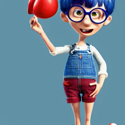 Prompt: aardman character design, 1 0 year old girl, full body, short blue hair and glasses, no mouth, eyes magnified, denim overhauls, 3 d turntable, global illumination, painted by pixar