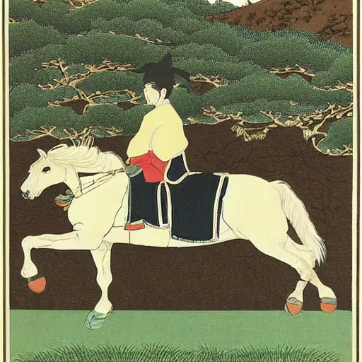 Image similar to an irishman drinking a black stout on a horse by kawase hasui