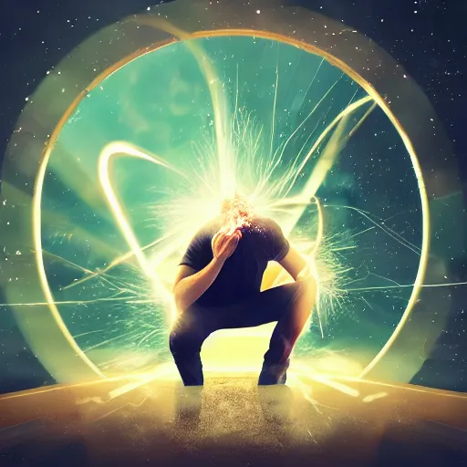 Image similar to man hitting the ground creating a explosion, anime, album cover, musical notes