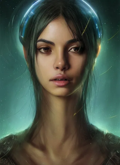 Image similar to a professional portrait of a beautiful young female, clothed in electroluminescent armor, olive skin, long dark hair, beautiful bone structure, symmetrical facial features, intricate, elegant, digital painting, concept art, smooth, sharp focus, finely detailed, illustration, from Valerian and the City of a Thousand Planets, by Ruan Jia and Mandy Jurgens and Artgerm and William-Adolphe Bouguerea
