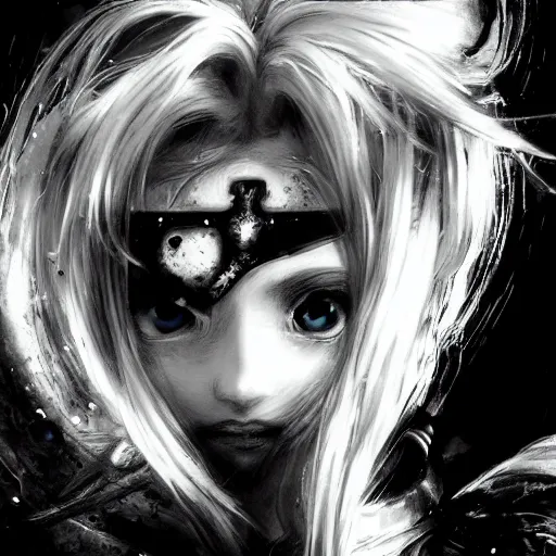 Image similar to Yoshitaka Amano blurred and dreamy illustration of an anime girl with a pirate eye patch, wavy white hair and cracks on her face wearing Elden ring armour with the cape fluttering in the wind, closeup shot, abstract black and white patterns on the background, noisy film grain effect, highly detailed, Renaissance oil painting, weird portrait angle