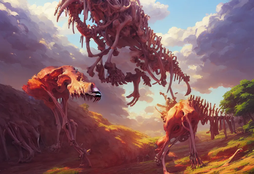 Image similar to giant animal bones in the countryside, intricate oil painting, high detail illustration, sharp high detail, manga and anime 1 9 9 9, official fanart behance hd artstation by jesper ejsing and makoto shinkai, 4 k,