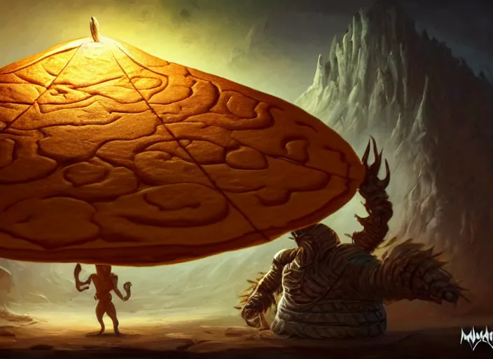 Prompt: a giant flour tortilla wrap creature, a group of human travelers are trapped inside the tortilla, by marco bucci and frank frazetta, style of magic the gathering, high resolution, fantasy coloring, intricate, digital painting, artstation, smooth, sharp focus