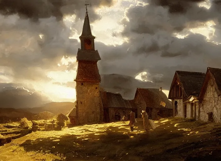 Image similar to oil painting of medieval village and old wooden church, stone walls, in dawn by anders zorn, wonderful art by greg rutkowski, incredible lighting, shadows, beautiful cinematic light, american romanticism by greg manchess, tall rocky mountains and storm clouds, sun rays, sunshine, bright sunny summer day