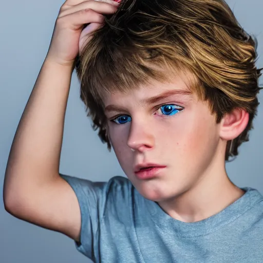 Image similar to portrait of a boy with his hand on his face, extremely realistic and real, photorealistic, blonde hair and blue eyes, detailed facial structure, real eyes that are detailed