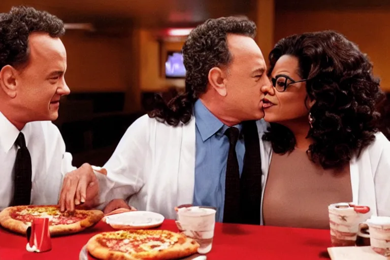 Prompt: tom hanks and oprah winfrey kissing in a quiet booth at pizza hut on a saturday night, realistic, red lighting, cinematic