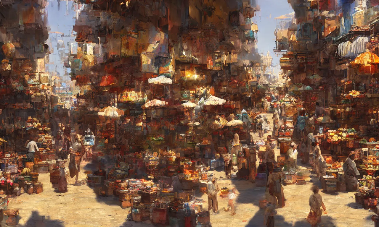 Prompt: Painting of a middle eastern street market, circa 1600s, concept art in the style of Craig Mullins, sunlit, 4k