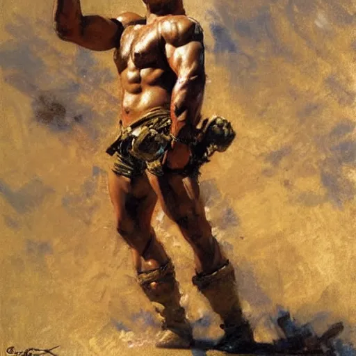 Image similar to Portrait of a greek soldier, muscular, thighs!!!!, painting by Gaston Bussiere, Craig Mullins