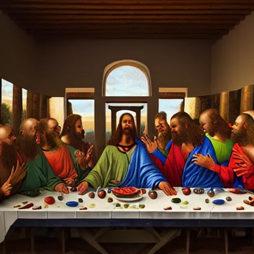 Prompt: a beautiful mixed mediart of the last supper, with jesus and his disciples replaced by various animals. the mixed mediart is set in a forest, with a deer at the head of the table and a squirrel and rabbit to either side. 4 k resolution by joel rea, by eddie mendoza offhand, a e s t h e t i c