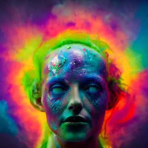 Prompt: a brain floating in space that is melting in to rainbow colours, by Stefan Gesell , hyperrealism, neon lighting
