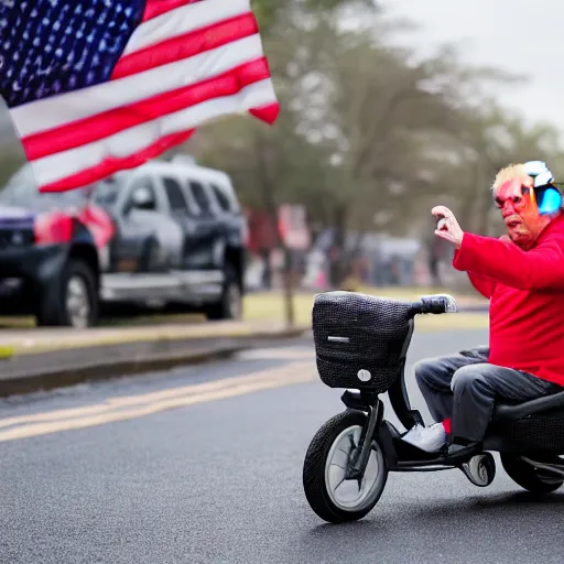 Image similar to Donald Trump falling off a tricycle, Canon EOS R3, f/1.4, ISO 200, 1/160s, 8K, RAW, unedited, symmetrical balance, in-frame