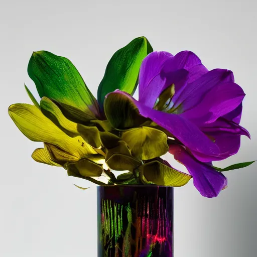 Prompt: An ultra high definition studio photograph of an alien flower that is (((((((((((((wilting)))))))))))))in a simple vase on a plinth. The flower is multicoloured iridescent. High contrast, key light, 70mm.