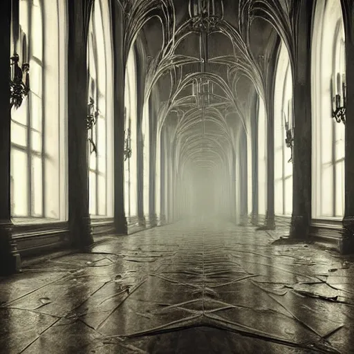 Image similar to a long hallway of mirrors. victorian interior, with many mirrors, spiders and spiderwebs everywhere, elegant design, haunting atmosphere, dark lighting, gothic, horror style, scary, swirling fog, volumetric lighting, by greg rutkowski, dutch angle,