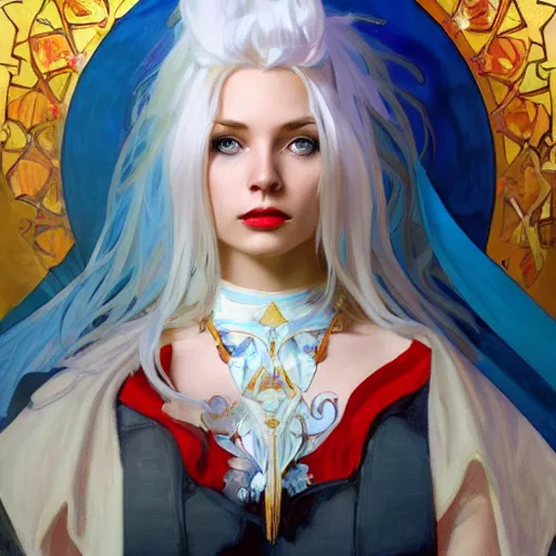 Prompt: oil painting of a priestess white haired women, cameraflash portrait by ilya kuvshinov, artgerm, alphonse mucha, and greg rutkowski, wearing blue coat, red makeup, wind mage, casting a spell, fantasy artwork, fantastic artwork, 4 k, trending on artstation