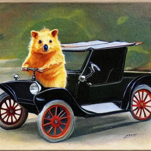 Prompt: a quokka driving a model t ford, in the style of anders zorn