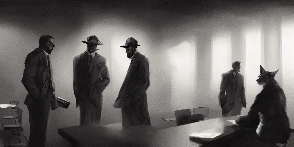 Prompt: two men argue in a interrogation room, night time, dramatic lighting, noir film, fine details, high contrast, blacksad, kim jung gi, greg rutkowski, trending on artstation, 8 k, ultra wide angle