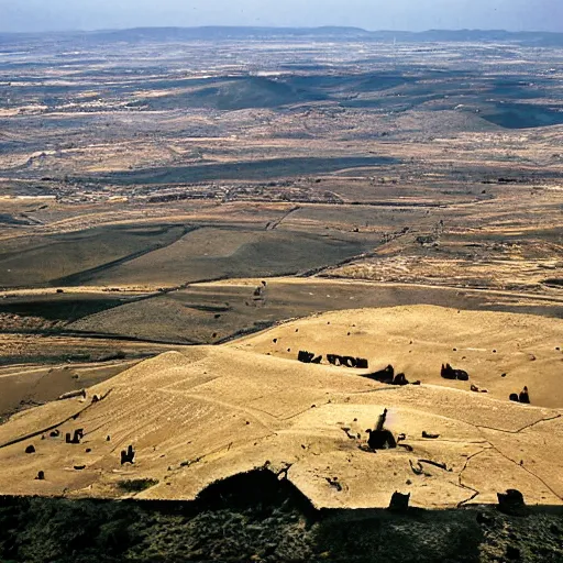 Prompt: bronze age empire, view from above, pyramids and ancient agriculture landscape