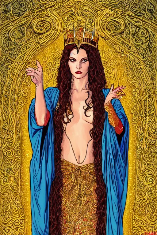 Image similar to Portrait of historically accurate, ancient biblical, sultry, sneering, evil, pagan, wicked, queen jezebel, wearing gilded robes, long hair, intricate, elegant, highly detailed, masterpiece, illustration, art by Jean Giraud, highly detailed, trending on artstation, award winning