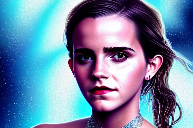 Image similar to surreal Portrait of Emma Watson in dmt chromatic surreal sparkling liquid enviroment , elegant, highly detailed, smooth, photoreal, sharp focus, illustration, beautiful, geometric, dmt trending on artstation, cinematic, artwork by WLOP