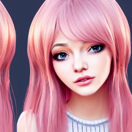 Image similar to beautiful hyperrealism hyperdetailed portrait of nikki from shining nikki dress - up game, a cute young woman, light pink hair, long hair with full bangs, full heart - shaped face, hazel amber eye color, pale skin, light blush, chinese heritage,, smiling softly, golden hour, soft focus, 8 k,