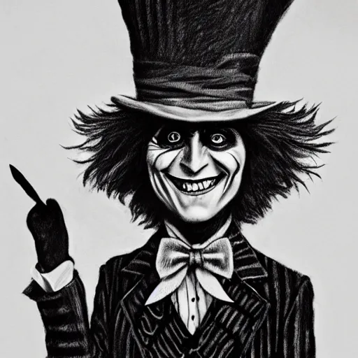 Image similar to horrifying charcoal drawing of the mad-hatter-willie-wonka-babadook