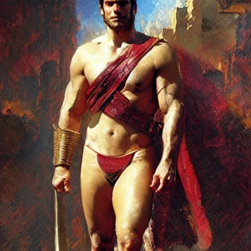 Image similar to Henry Cavill as a roman warrior, muscular, thighs!!!!, painting by Gaston Bussiere, Craig Mullins