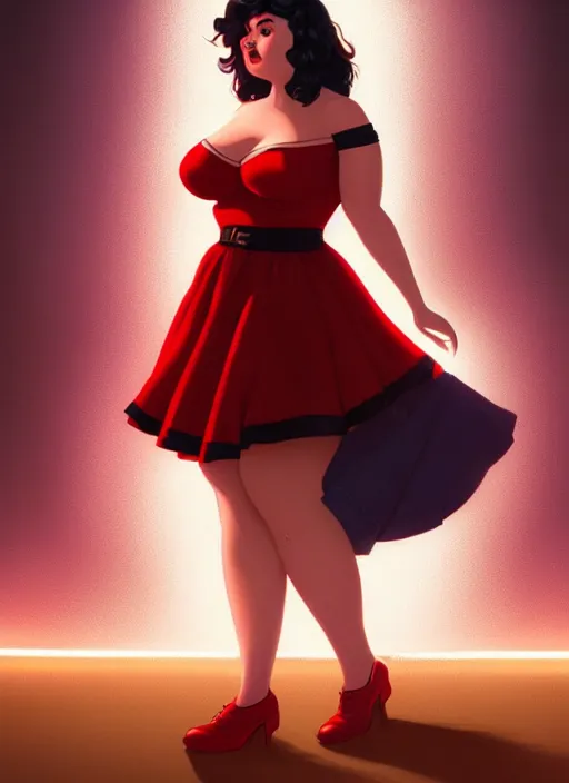 Image similar to full body portrait of teenage veronica lodge, obese, bangs, sultry, realistic, sultry smirk, wavy hair, red skirt, fat, belly, intricate, elegant, glowing lights, highly detailed, digital painting, artstation, concept art, smooth, sharp focus, illustration, art by wlop, mars ravelo and greg rutkowski