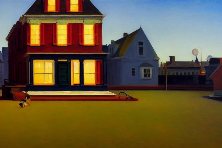 Prompt: a stunning and detailed painting of a boombox house by edward hopper, 8 k, behance award winner, gradient shading, inspirational architecture, rembrandt lighting, golden hour