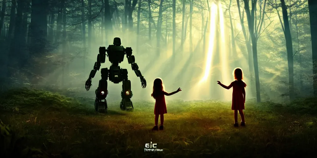 Image similar to sci - fi scene future new york, little girl alone holding onto the outstretched hand of a giant robot, forest punk, little girl meets robot, crepuscular rays, epic scene, hyper realistic, photo realistic, overgrowth, cinematic atmosphere, ethereal lighting,