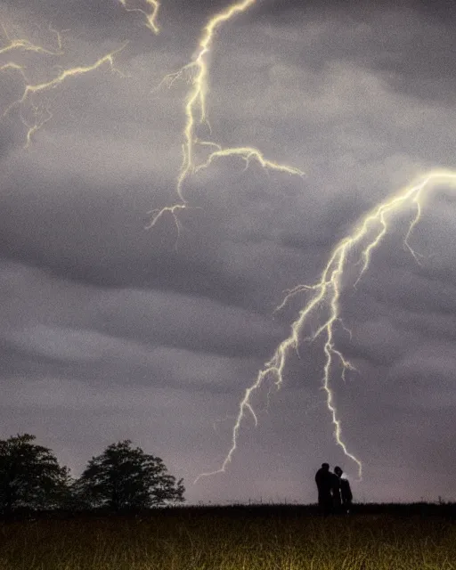 Prompt: in a field, two scientists in lab coats encounter a monster shaped like the DNA double helix, stormy weather, night scene, volumetric light, fireflies