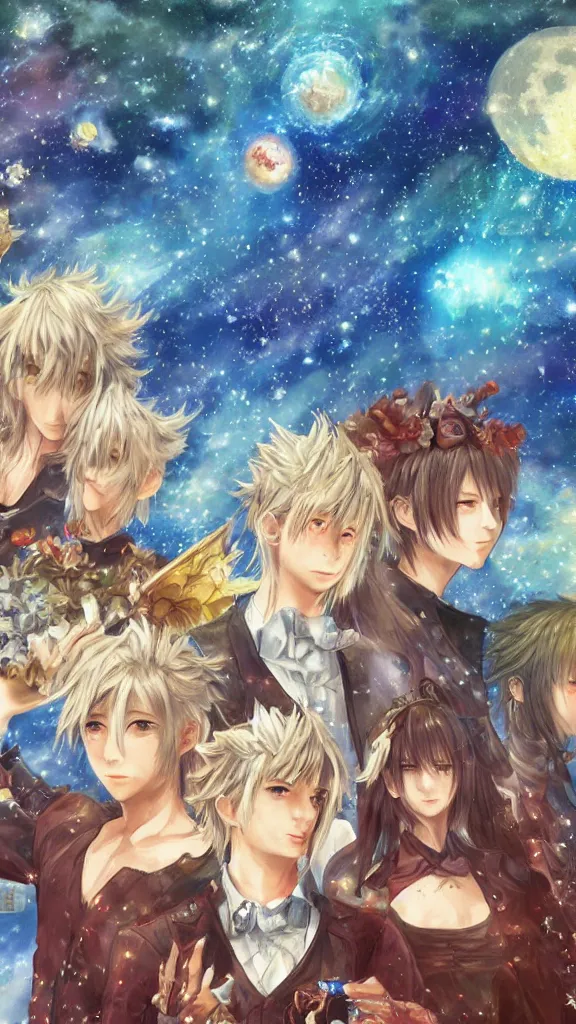 Image similar to A video game poster of Starry Sky, impressionism summer dragon full moon shiny, in final fantasy 14 style