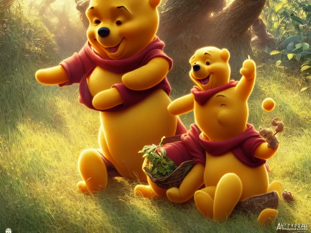 Image similar to winnie the pooh with chinese president xi jingping, cute and cuddly, highly detailed, photorealistic, octane render, 8 k, unreal engine. art by artgerm and greg rutkowski and alphonse mucha