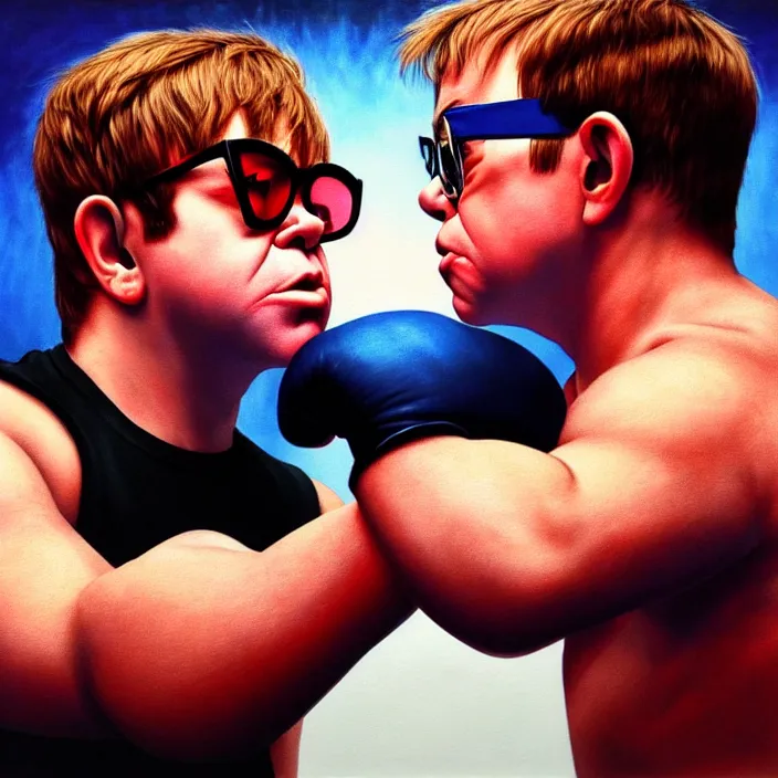 Prompt: young elton john fighting someone with his fists, realistic, very coherent, hyper realism, high detail, 8 k