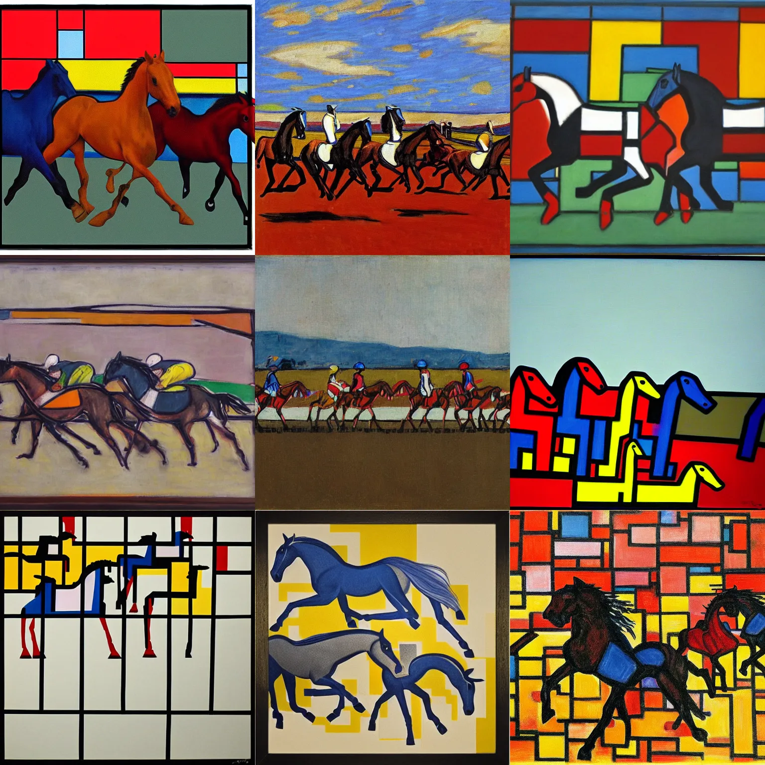 Prompt: horses racing by mondrian