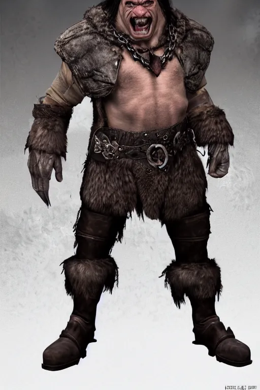 Image similar to A full body shot of a handsome orc looking into the camera wearing a leather fur jacket and leather boots, full body shot, detailed face, orc, orcish, portrait, artstation, realistic, highly detailed, symmetrical, D&D, Dungeons & Dragons, hyper realistic, dynamic pose, high detail, octane render, unreal engine, 8k, fantasy art, highly detailed, dramatic lighting, concept art