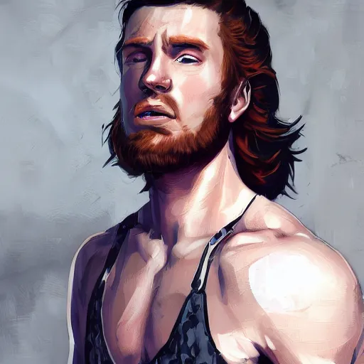 Image similar to portrait of a teen boy with long red hair and a lot of freckles and muscular, intricate, highly detailed, digital painting, artstation, sharp focus, illustration