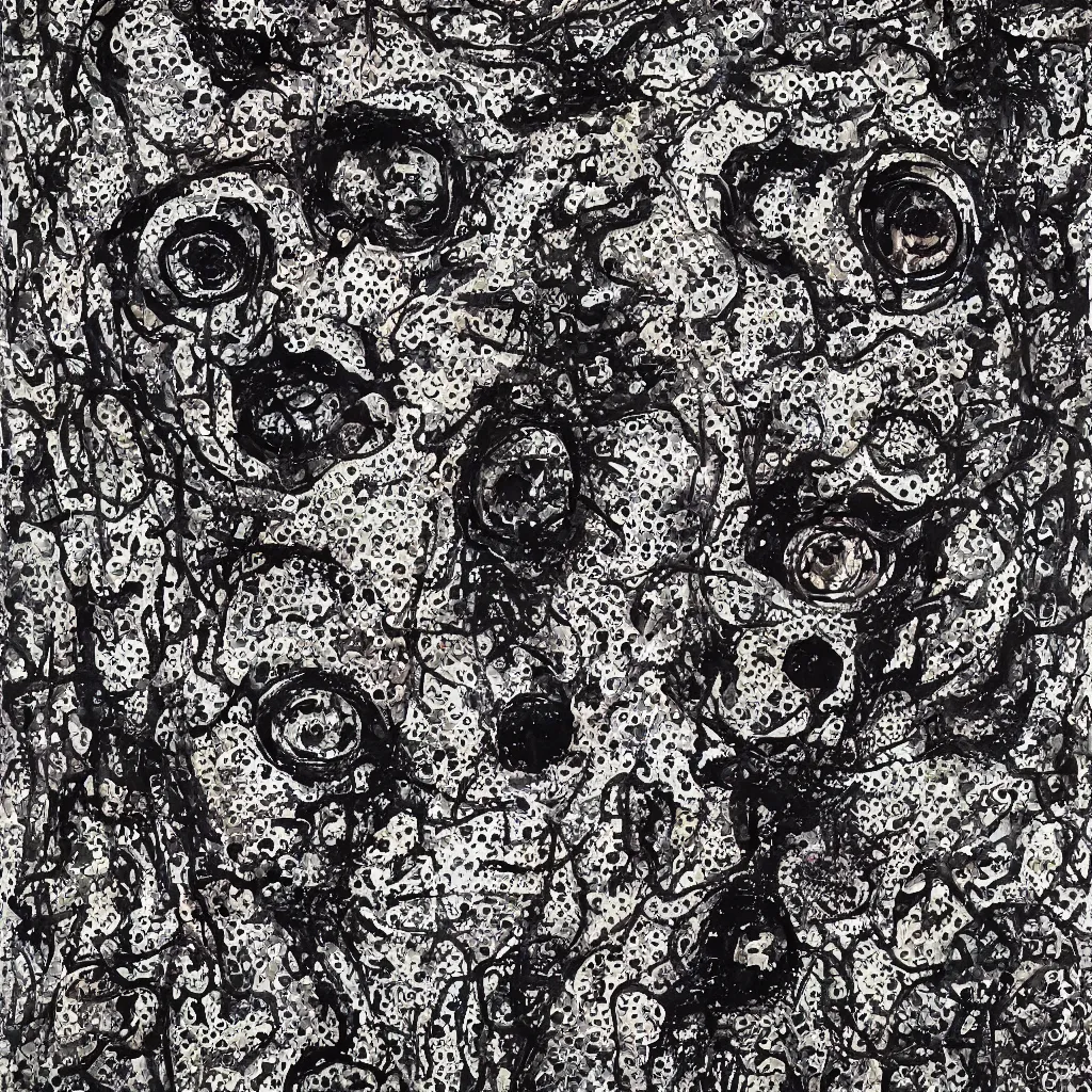 Image similar to camo made of eyes, technical, acrylic, teeth, eerie, tribal, clay, dotting, lines, stipple, points, cybernetic, style of old painting, francis bacon art, rei kawakubo art, hypnosis, eerie, terror, oil, neon, black and white background, splotches, colorful dots, ominous, terror, teeth, smiles