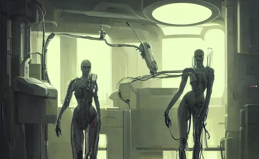 Image similar to neon surgery scanning machine cyberpunk futuristic, in a white room, art by giger, greg rutkowski