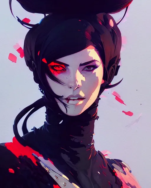 Prompt: a ultradetailed beautiful painting of a stylish woman wearing black armor, by conrad roset, greg rutkowski and makoto shinkai trending on artstation