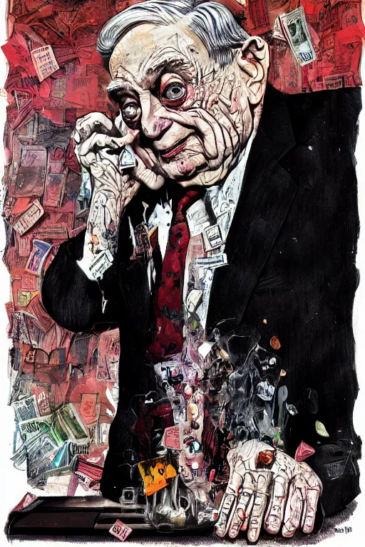 Image similar to George Soros full body shot, dollar bills Body horror, biopunk, by Ralph Steadman, Francis Bacon, Hunter S Thompson