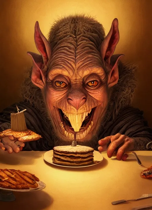 Image similar to highly detailed closeup portrait of a medieval goblin eating cakes, stephen bliss, unreal engine, greg rutkowski, ilya kuvshinov, ross draws, hyung tae and frank frazetta, tom bagshaw, tom whalen, nicoletta ceccoli, mark ryden, earl norem, global illumination, god rays, detailed and intricate environment