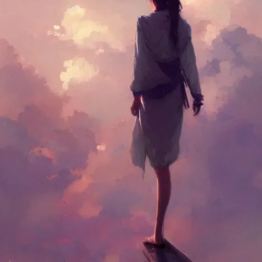 Prompt: standing wistfully, looking into the sky, ruminating, contemplating, serene, color block, noisy background, art by greg rutkowski, pixiv art, art nouveau, yoshitaka amano