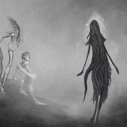 Image similar to dissociation, derealization, disconnection, fantasy illustration, detailed, abstract, amorphous, misty and eerie
