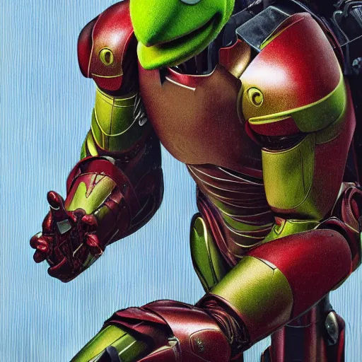 Image similar to Kermit the Frog as Iron Man by P. Craig Russell and Barry Windsor-Smith, Sesame Street, 8k octane beautifully detailed render, post-processing, extremely hyperdetailed, intricate, epic composition, grim yet sparkling atmosphere, cinematic lighting + masterpiece