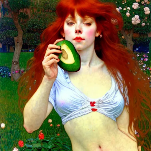 Prompt: A playful young woman with red long hair and bangs in shorts and a white blouse eating an avocado drawn by Zeronis and Donato giancola and Robert McGinnis and alphonse mucha, background by James Jean and gustav klimt, 4k, sunny day, volumetric lighting, french nouveau, trending on artstation, octane render, hyperrealistic